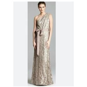 Tadashi Shoji Sequined Lace Paillette One Shoulder Gown